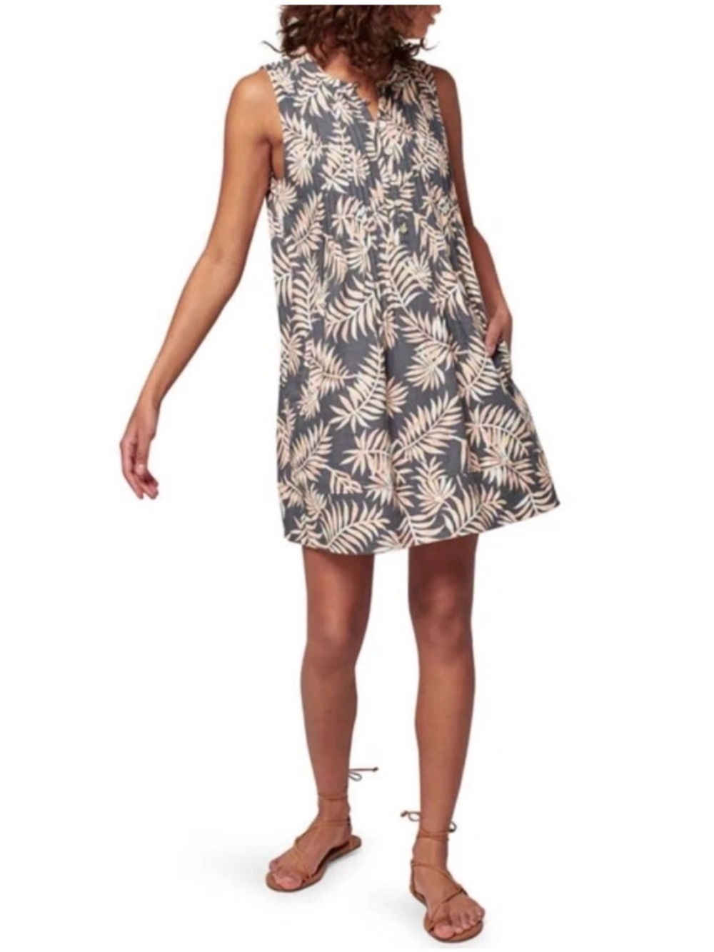 Faherty Isha Linen Blend Sleeveless Dress | Palm Print Vacation Resortwear M